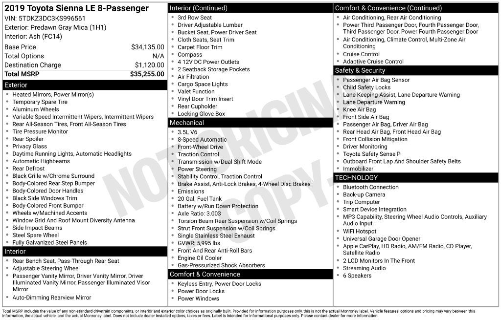 2019 Toyota Sienna LE 8 Passenger