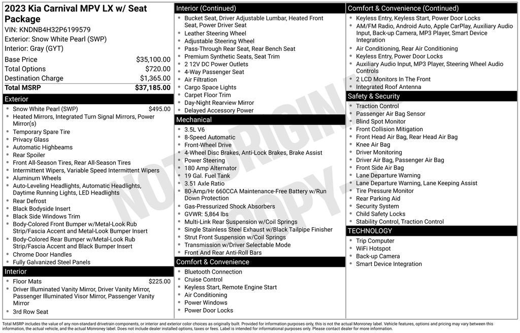 2023 Kia Carnival LX Seat Package
